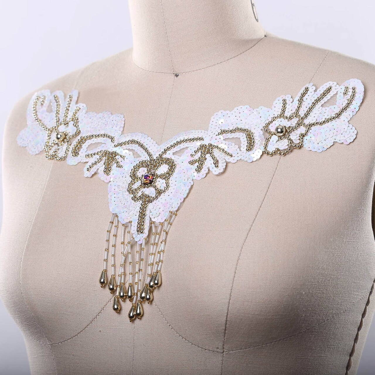 Gold Sequin Beaded Fringe Applique Patch With V Neckline Design